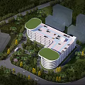 Modern Building With Circular Design White Exterior Multi Story Lawn Pedestrians And Vehicles