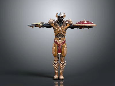 Armored Mythical Warrior Figure With Creature Inspired Armor And Decorative Shields 3d model