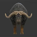 Detailed Gray Brown Buffalo Sculpture With Large Horns Standing On Black Background