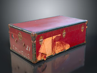 Vintage Red Trunk With 21 And THOMWELLS Engraving Worn Edges Black Trim And Glossy Surface 3d model