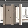 Modern Public Restroom Interior With Wooden Stalls Marble Countertop Sink And Mirror