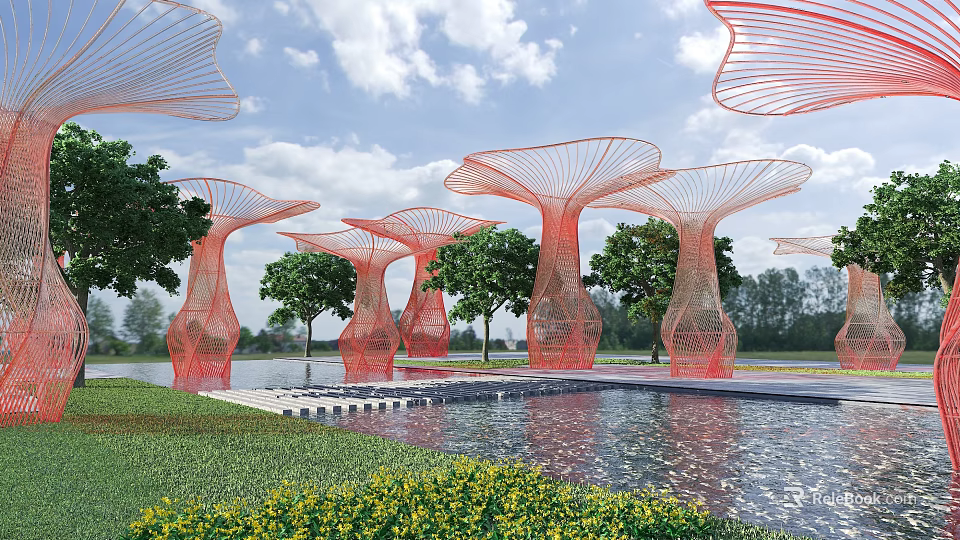 Red Mushroom Shaped Net Like Pergola with Pool Trees Grass and Yellow Flowers 3d model 