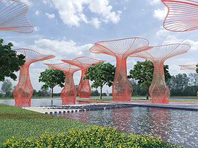 Red Mushroom Shaped Net Like Pergola with Pool Trees Grass and Yellow Flowers 3d model
