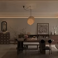 Warm Mid Century Living And Dining Room Interior With Wooden Furniture And Art Wall Decor