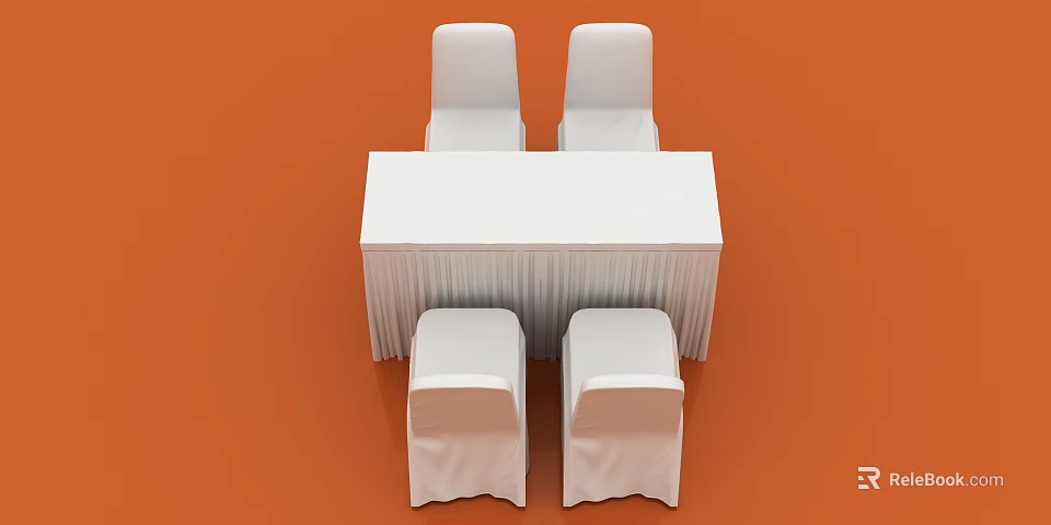 Four White Upholstered Dining Chairs with Rectangular Table on Orange Background 3d model