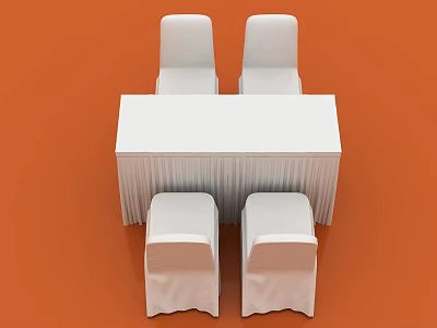 Four White Upholstered Dining Chairs with Rectangular Table on Orange Background 3d model
