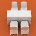 Four White Upholstered Dining Chairs with Rectangular Table on Orange Background 3d model