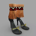 Black High Heels With Gold Chain Decorations And Brown Fringe Boots With Colorful Geometric Patterns