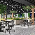 Modern Restaurant Space With Green Plant Walls Tree Decorations And Marble Floor