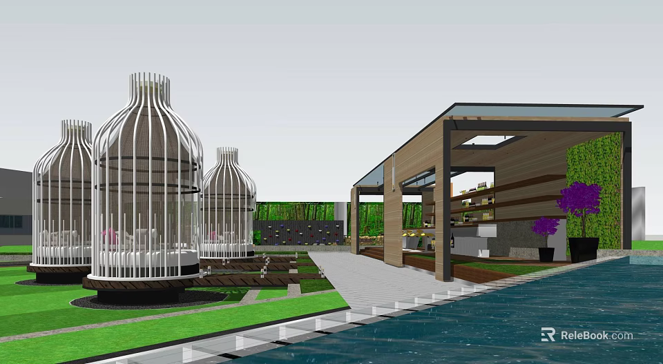 Modern Sales Office Building With Water Feature Greenery White Lattice And Wooden Structure 3d model 