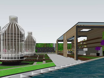 Modern Sales Office Building With Water Feature Greenery White Lattice And Wooden Structure 3d model
