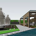 Modern Sales Office Building With Water Feature Greenery White Lattice And Wooden Structure