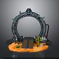 Sci Fi Circular Ring Structure With Platform And Cactus On Sandy Ground