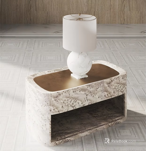 Bedside Table With Brown Top Marble Lamp Base And White Lampshade Textured Frame 3d model