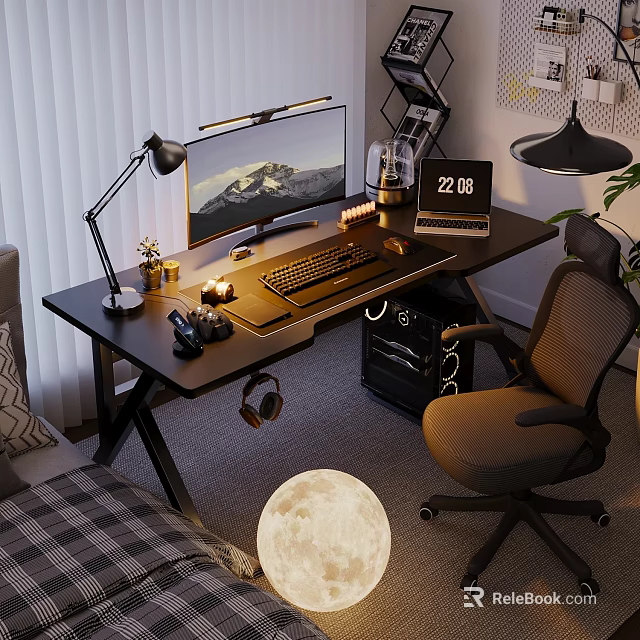 Black Office Desk And Brown Ergonomic Chair With Computer Monitor Keyboard Desk Lamp Headphones 3d model 