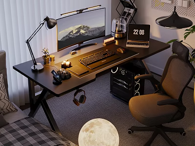 Black Office Desk And Brown Ergonomic Chair With Computer Monitor Keyboard Desk Lamp Headphones 3d model