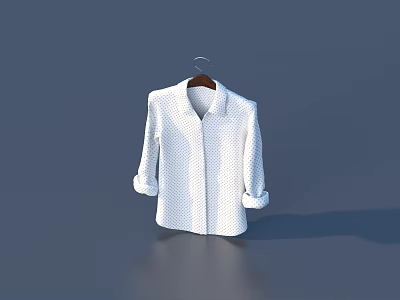 White Plaid Collared Shirt with Rolled Cuffs Hanging on Brown Hanger Against Gray Background 3d model