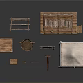Handmade Wooden Craft Stall With Baskets Shelves Cloth Cover And Tools