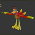 Cartoon Bird Character With Red and Yellow Feathers Spread Wings Green Eyes and Yellow Legs
