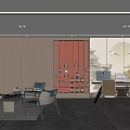 Modern Chinese Style Office Interior With Red Lattice Bookshelf Office Desks And Computers