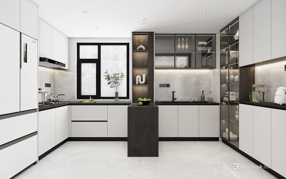 Modern Kitchen Interior With White Cabinets Black Island Glass Display Cabinets And Stone Countertops 3d model 