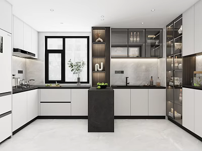 Modern Kitchen Interior With White Cabinets Black Island Glass Display Cabinets And Stone Countertops 3d model