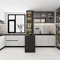 Modern Kitchen Interior With White Cabinets Black Island Glass Display Cabinets And Stone Countertops