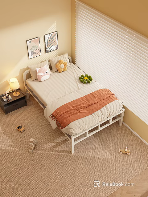 Cozy Bedroom Interior Design With Stuffed Toys Orange Blanket And Table Lamp 3d model 