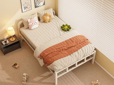 Cozy Bedroom Interior Design With Stuffed Toys Orange Blanket And Table Lamp 3d model