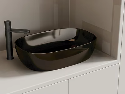 Bathroom Interior Featuring Black Oval Basin And Black Faucet On White Countertop With Cabinet 3d model