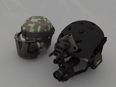 Camouflage And Black Tactical Helmets With Face Shield And Night Vision Accessories 3d model
