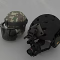 Camouflage And Black Tactical Helmets With Face Shield And Night Vision Accessories