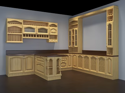 Traditional Wooden Kitchen Cabinet Design With Multiple Storage Spaces And Shelves 3d model