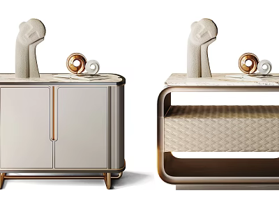 Modern Beige Bedside Tables With Gold Accents Cabinet Doors And Decorative Sculptures 3d model