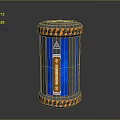 Cylindrical Device With Blue Stripes C X Symbols Yellow Triangular Warning Sign And Orange Bands