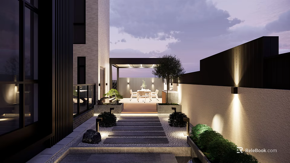 Modern Garden Landscape With Stone Pathway Outdoor Lighting And Covered Seating Area 3d model 