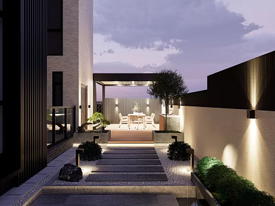 Modern Garden Landscape With Stone Pathway Outdoor Lighting And Covered Seating Area 3d model