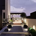 Modern Garden Landscape With Stone Pathway Outdoor Lighting And Covered Seating Area