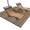 Wooden Frame Lounge Chairs With Woven Rattan Seats On Wooden Deck And Side Table With Fruits Flowers
