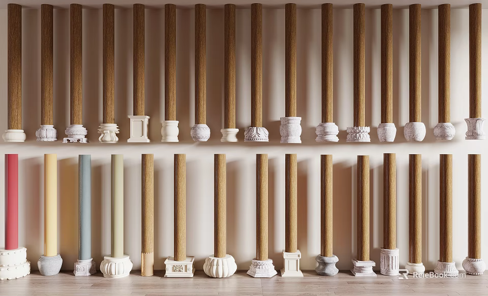 Decorative Columns With Various Designs Wooden Colored Finishes And Carved Bases 3d model 