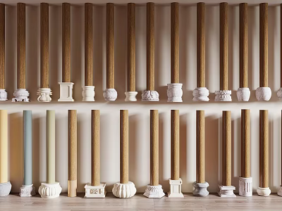 Decorative Columns With Various Designs Wooden Colored Finishes And Carved Bases 3d model