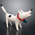 White Dog with Black Spots Red Collar and Bell Standing in Studio