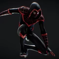 Game And Movie Character In Black Red Suit With Spider Web Patterns Crouching Pose