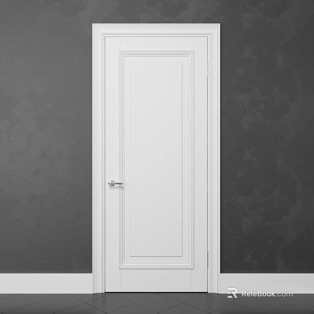 White Hinged Door With Simple Design Silver Handle And Grey Walls 3d model 