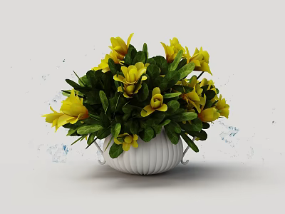 Bonsai Potted Plant With Vibrant Yellow Flowers And Lush Green Leaves In White Pot 3d model