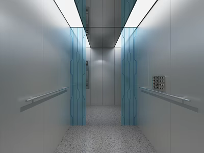 Elevator Interior With Silver Metal Walls Blue Glass Decorations Handrails And Ceiling Lights 3d model