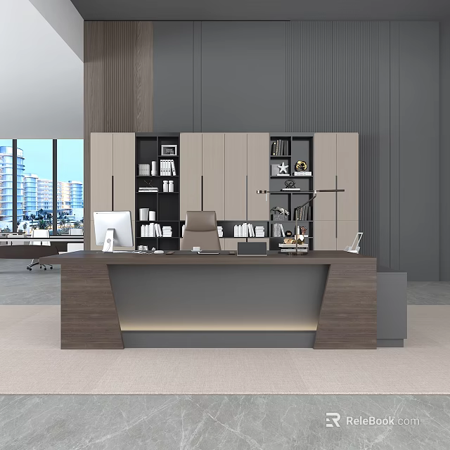 Modern Office Interior With Open Layout Desk Bookshelves Computer And Floor-to-ceiling Windows City View 3d model 