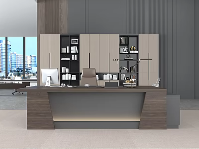 Modern Office Interior With Open Layout Desk Bookshelves Computer And Floor-to-ceiling Windows City View 3d model