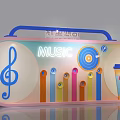 Shop Front Desk with Cute Planet Neon Lights Circular Glowing Music Notes and Birthday Celebration