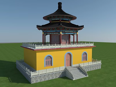 Ancient Chinese Architecture With Yellow Body Black Tiered Roof Red Doors White Railings And Steps 3d model